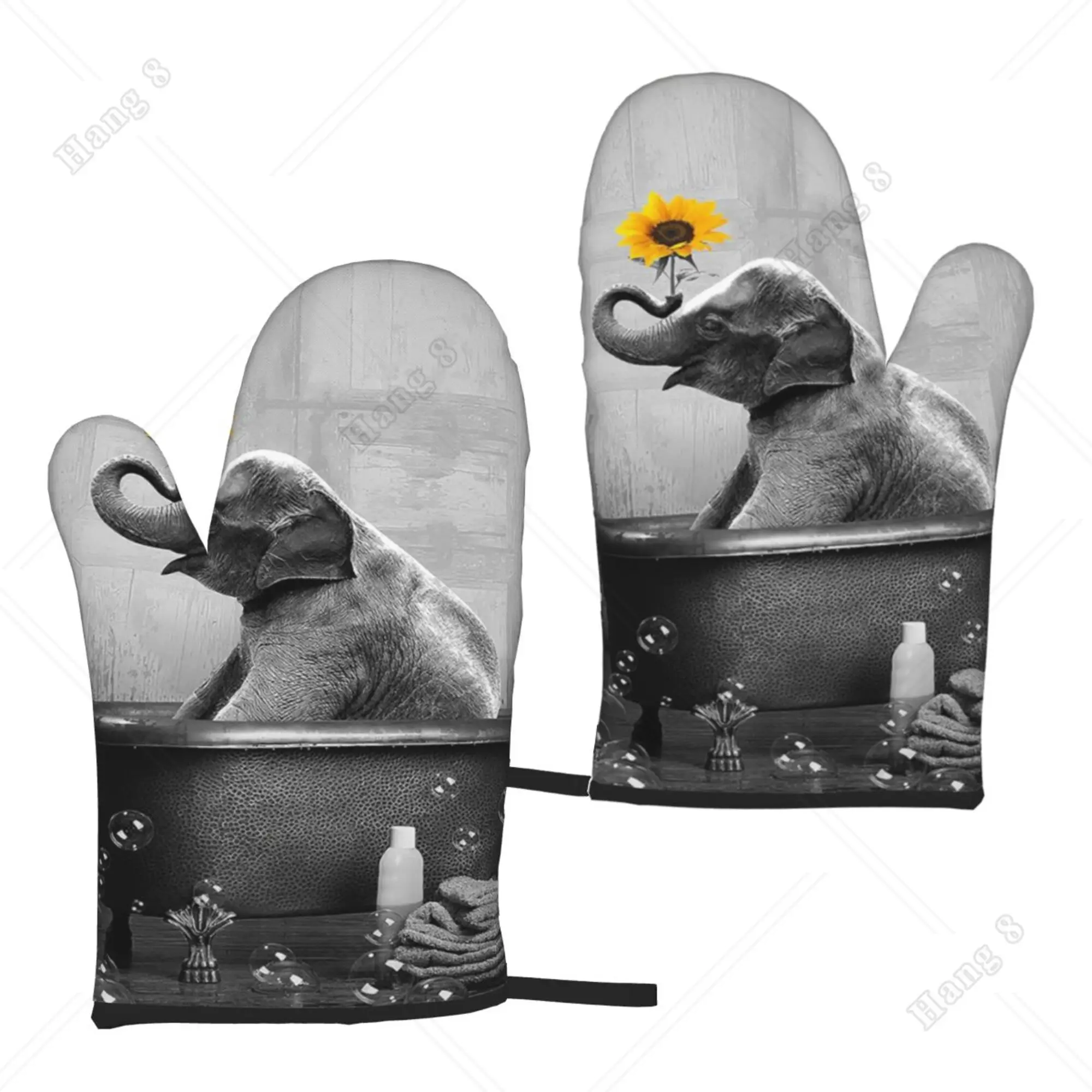 Elephant Sunflowers Men Women Kitchen Gloves Heat Resistant Bbq Gloves 2pcs One Size Microwave Ovens for Cooking Grilling