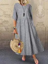2023 ZANZEA Bohemian Check Maxi Dress Women's Sundress Casual Half Sleeve Tunic Vestidos Female Plaid Shirt Robe