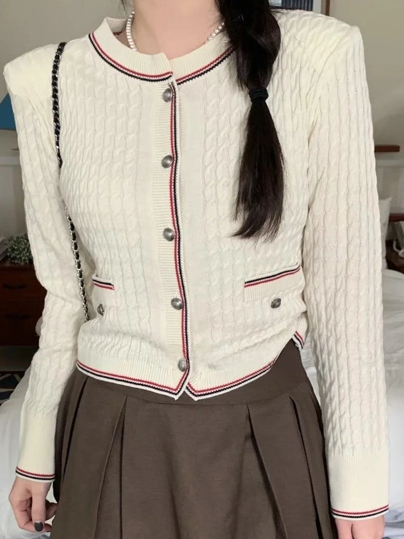 

Корейский женский облегающий вязаный открытый кардиган на одной пуговице, топ в стиле ретро для миниатюрных девочек, осенняя мода