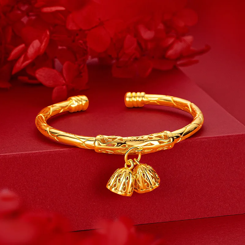 9999 Real Gold 24K Genuine Two Worlds Lotus Bracelet with Bell Female Gold Young Solid Open Bracelet