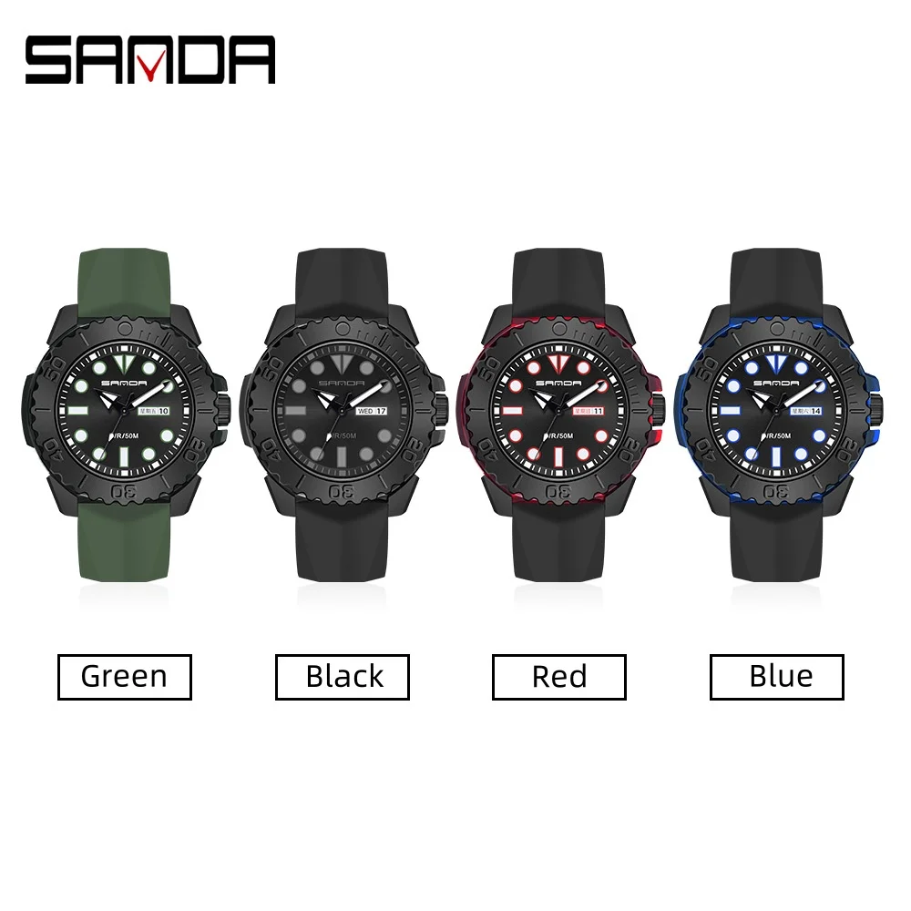 SANDA 3118 Men\'s Quartz Watch Sports Outdoors Waterproof Date with Silicone Strap Wristwatches for Male Watches Gift