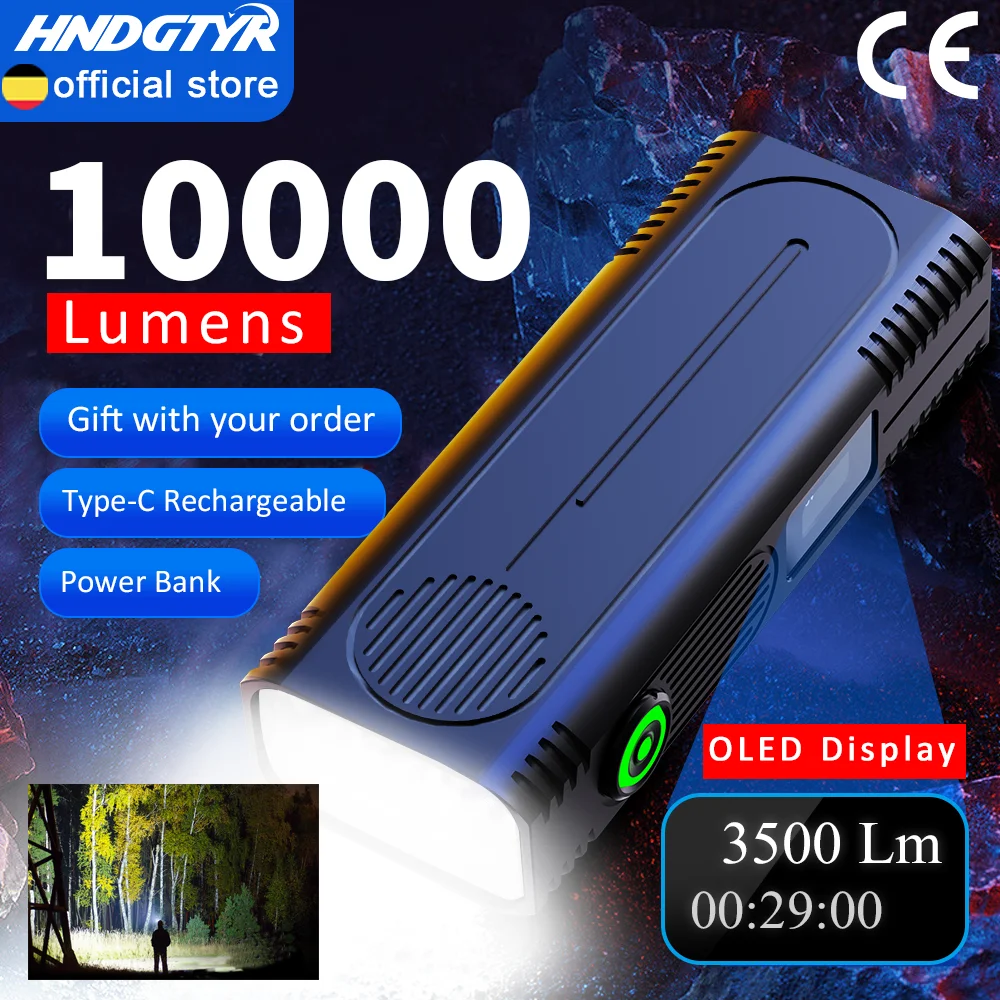 10000LM High Power LED Flashlight Self Defense Rechargeable Torch Power Bank Very strong Flashlight Travel Hiking Camping GTR36