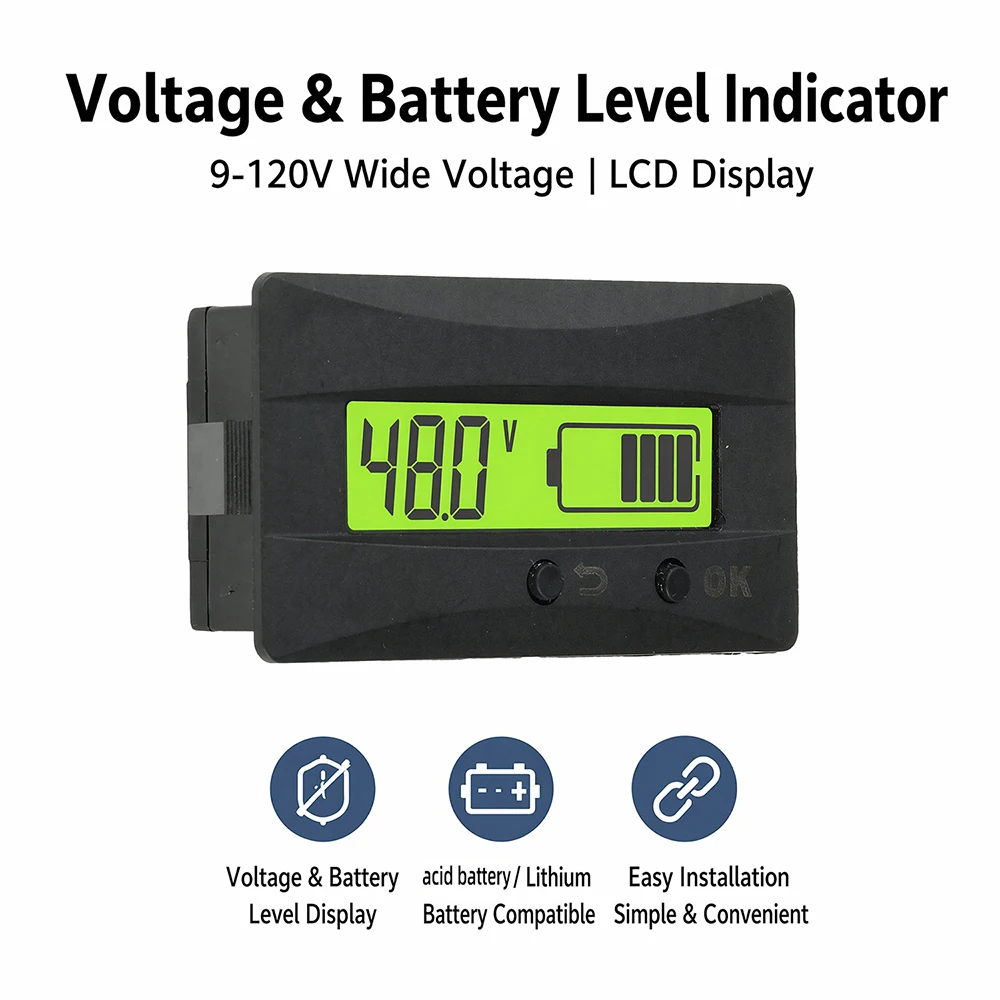 Battery Capacity Indicator DC 9V-120V Acid Lithium LiFePO4 Car Motorcycle Voltmeter 12V 24V 36V 48V 60V 72V 94V Voltage Gauge