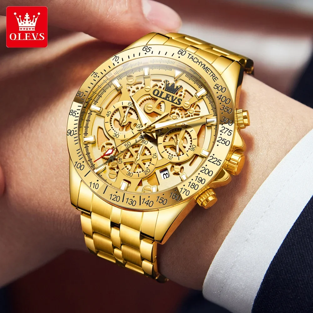 OLEVS Lxuxry Brand Gold Men\'s Watches Full Skeleton Stainless steel Chronograph Wristwatch Waterproof Luminous Quartz Watch Men