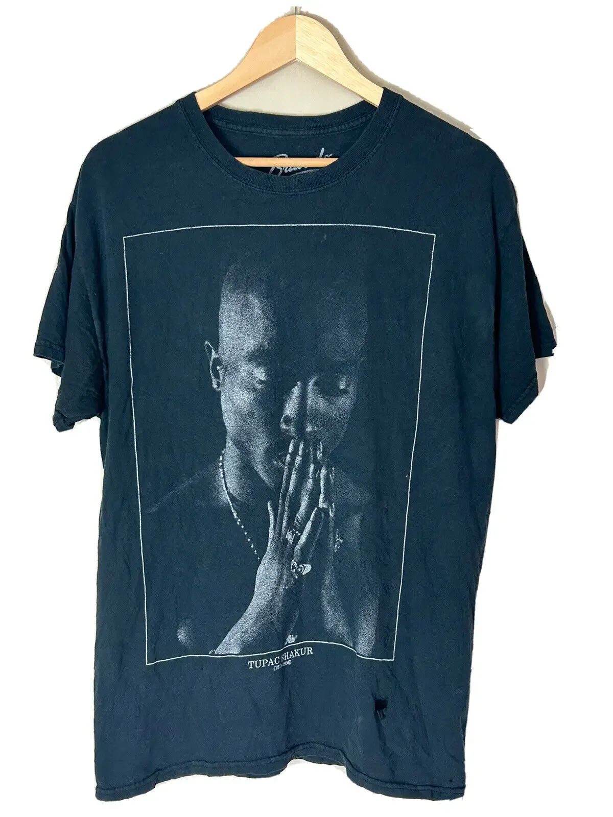 2Pac Shirt Black Short Sleeve Crew Neck Distressed Rap Tee Hip Hop 2PAC L