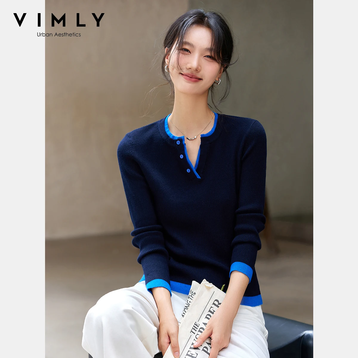 

VIMLY Women's Knitting Sweater Contrast Color Autumn 2025 Blue Round Neck Pull Femmes Casual Button Slim Ladies Pullovers 75103