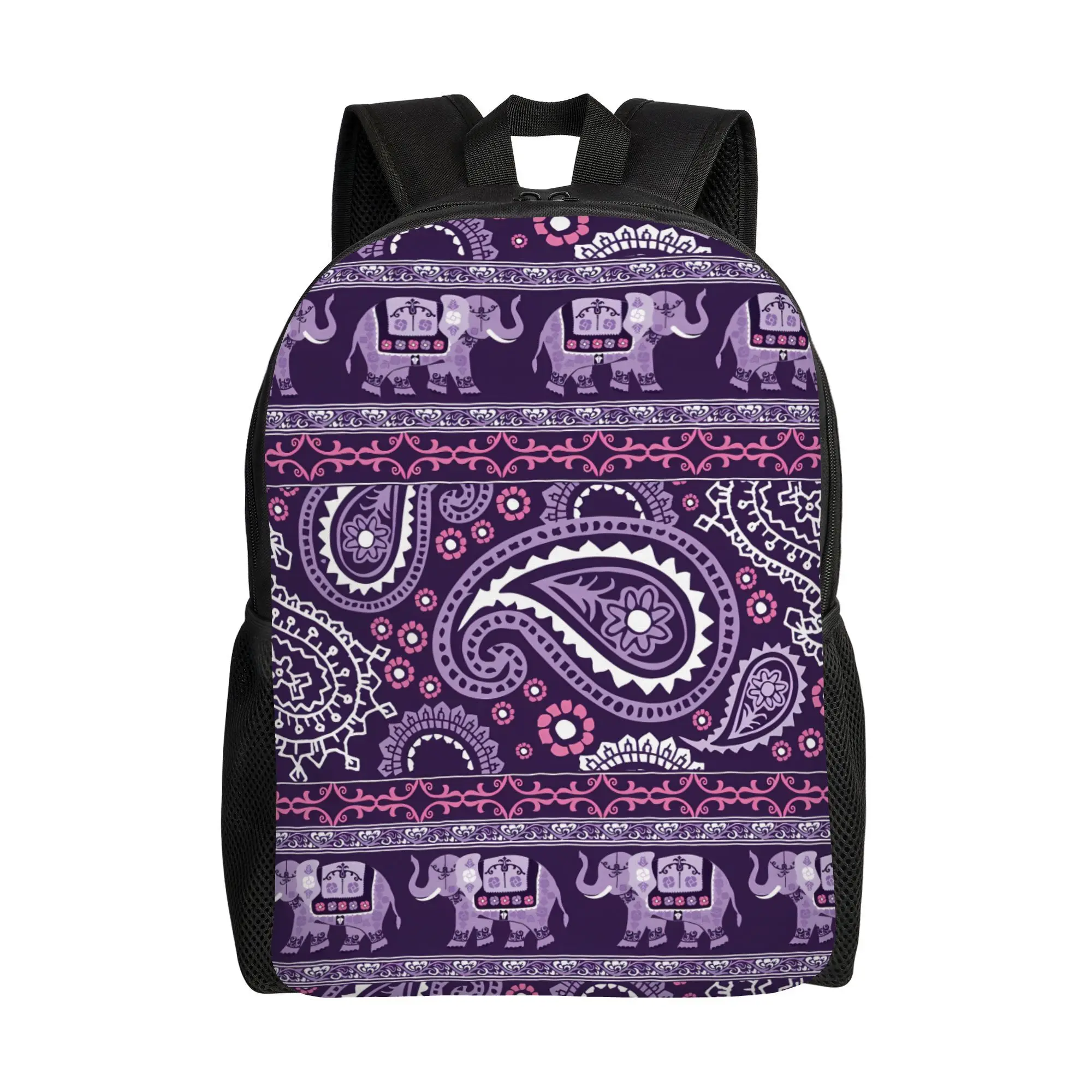 

Purple Paisley Elephant Backpack - Pink and Gold Indian Mandala Printed School Bag, Adjustable Laptop Day Backpack