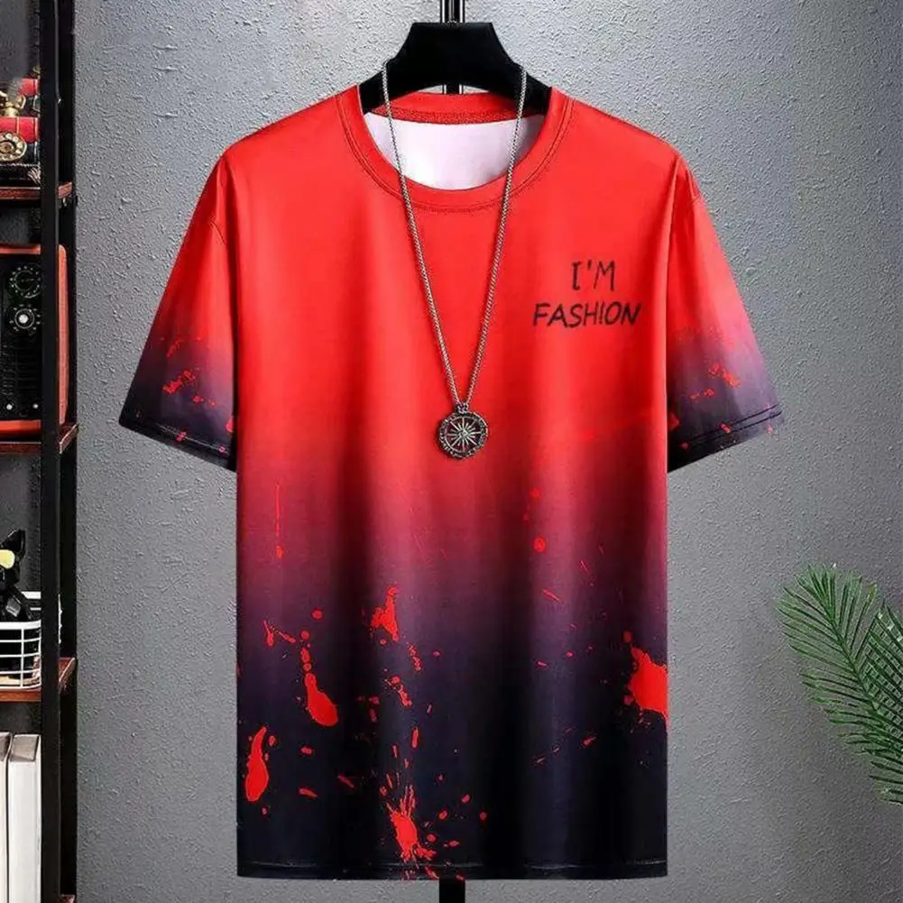 Men T-shirt Gradient Print Short Sleeve Summer T-shirt Letter Print Plus Size Color Matching T-shirt Casual Men Tees Streetwear