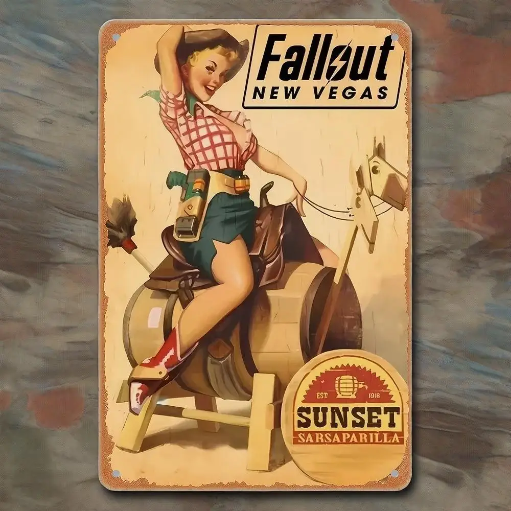 لوحة فنية جدارية "Fallout New Vegas" من القصدير أحذية رعاة البقر الريفية وفن سباق الأسطوانات ديكور حديدي مقاوم للطقس للحانات والنوادي