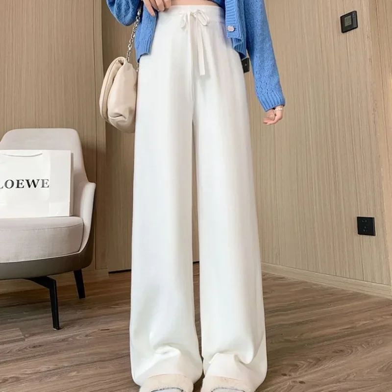 Knitted Thick Wide Leg Pants Women Solid Autumn Winter New Full Length High Waist Loose Slouchy All-match Drawstring Chic Female