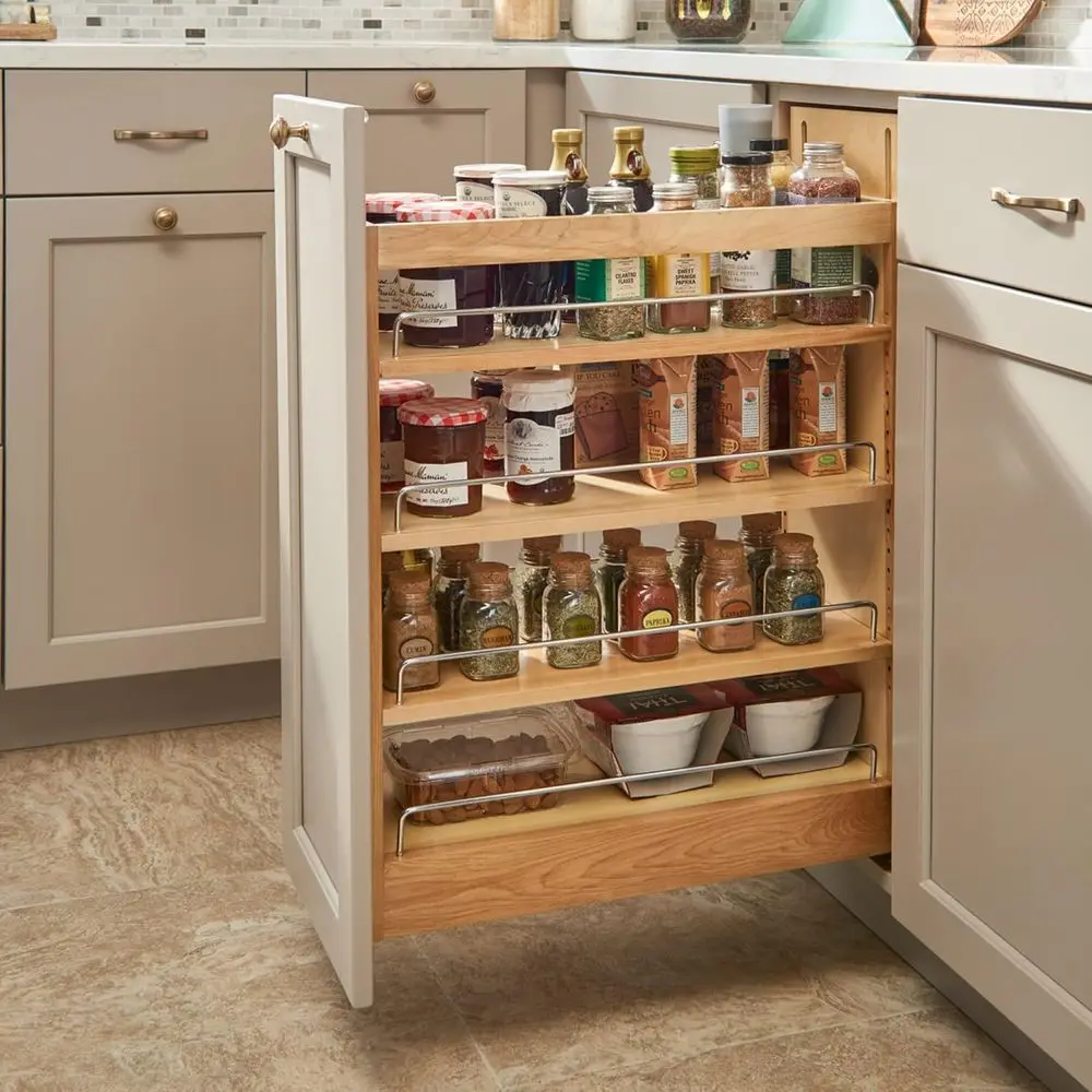 Rev-A-Shel Maple Pullout Organizer w/Blum Sot-Close or elull-Height Base Cabi, ull Extension Slides & Adjustable Shelves, Min Op