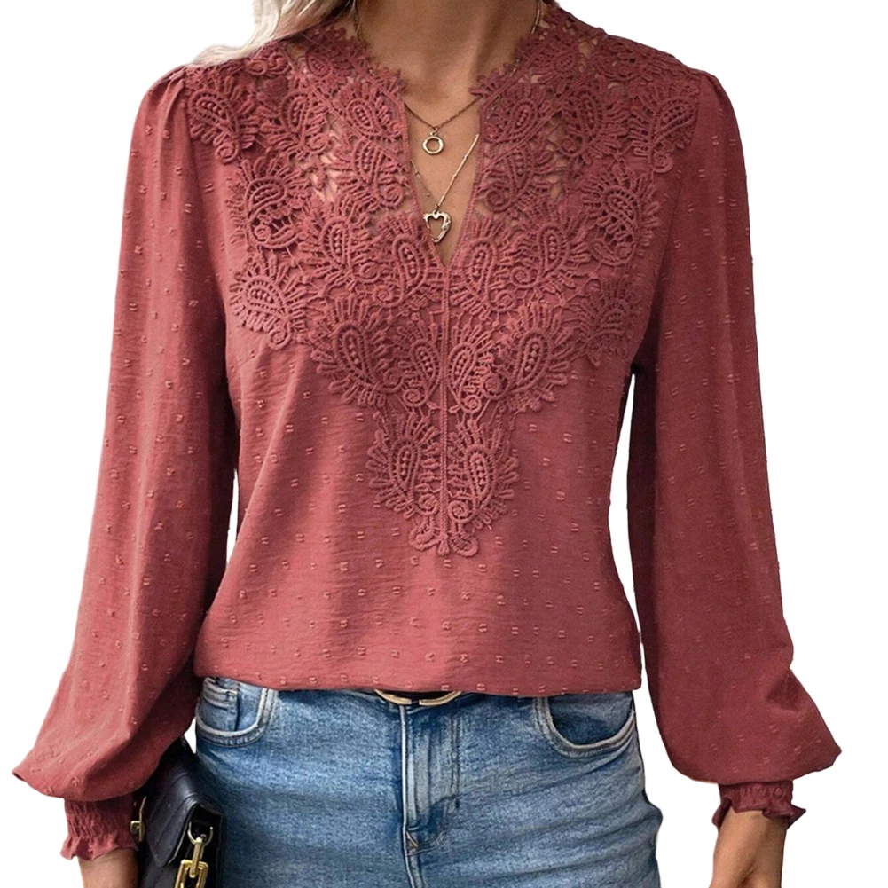 Blouses V-Neck Commuting Shirt S Women Lace Neck T-Shirt Stretchy Fabric Blend 90 Polyester 10 Spandex Regular Clothing Length