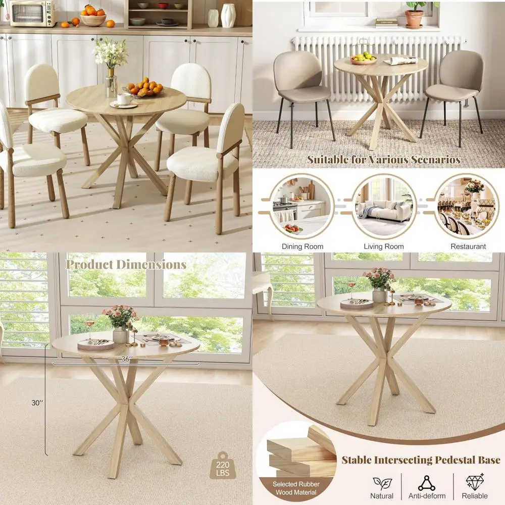 طاولة طعام مستديرة على طراز المزرعة العتيقة 36 لـ 4 أشخاص - طاولة مطبخ من الخشب المطاطي الريفي مع أرجل متقاطعة، مناسبة لـ Vi