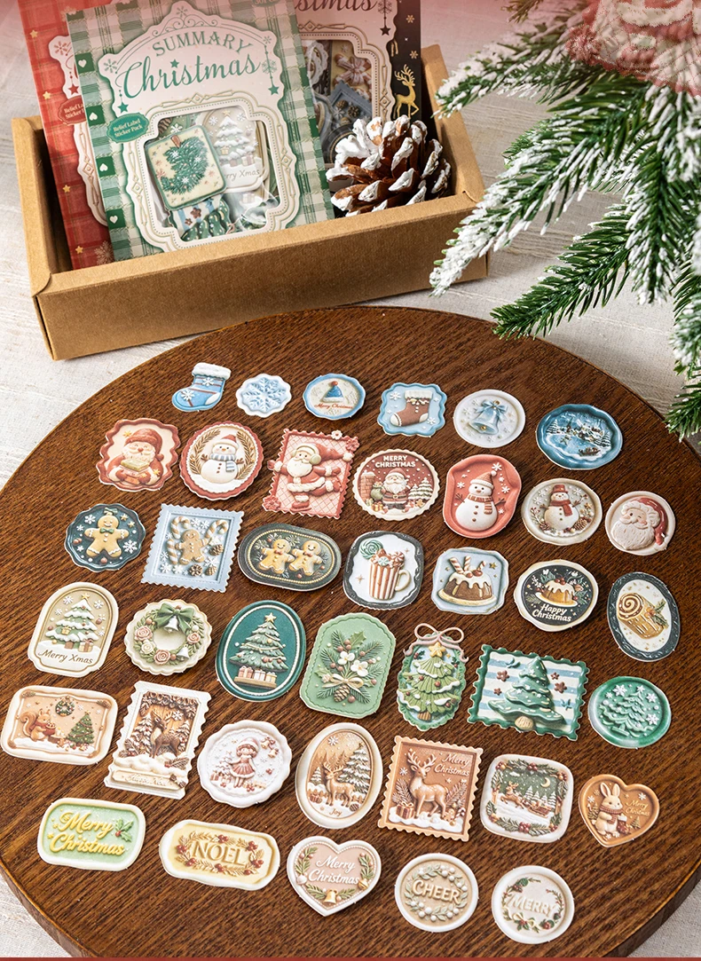Journal GO 30 Stück Retro-Weihnachts-Etiketten-Aufkleber, geprägte, gemischte Formen, Feiertags-Dekore für Junk Journals, Scrapbooking, Planer, Karten – Detail 3