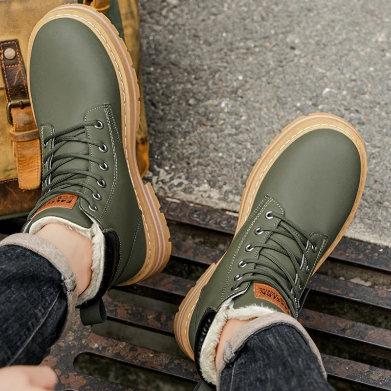 

High-top Men's Flat Fashionable Retro Style Solid Color Thick-soled with Fleece Height-increasing Casual Cotton Shoes