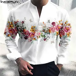 Chemise à imprimé floral pour hommes, col en V, manches longues adt Streetwear Vêtements décontractés pour hommes 2023 Mode Loisirs Camisas S-5XL INCERUN