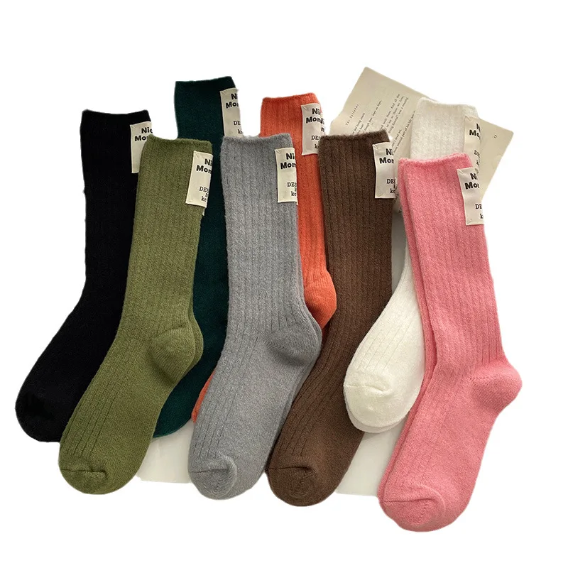 Autumn and Winter Socks for Women with Cashmere Warm Mid-tube Socks Solid Color Cloth Label Fashionable Casual Socks