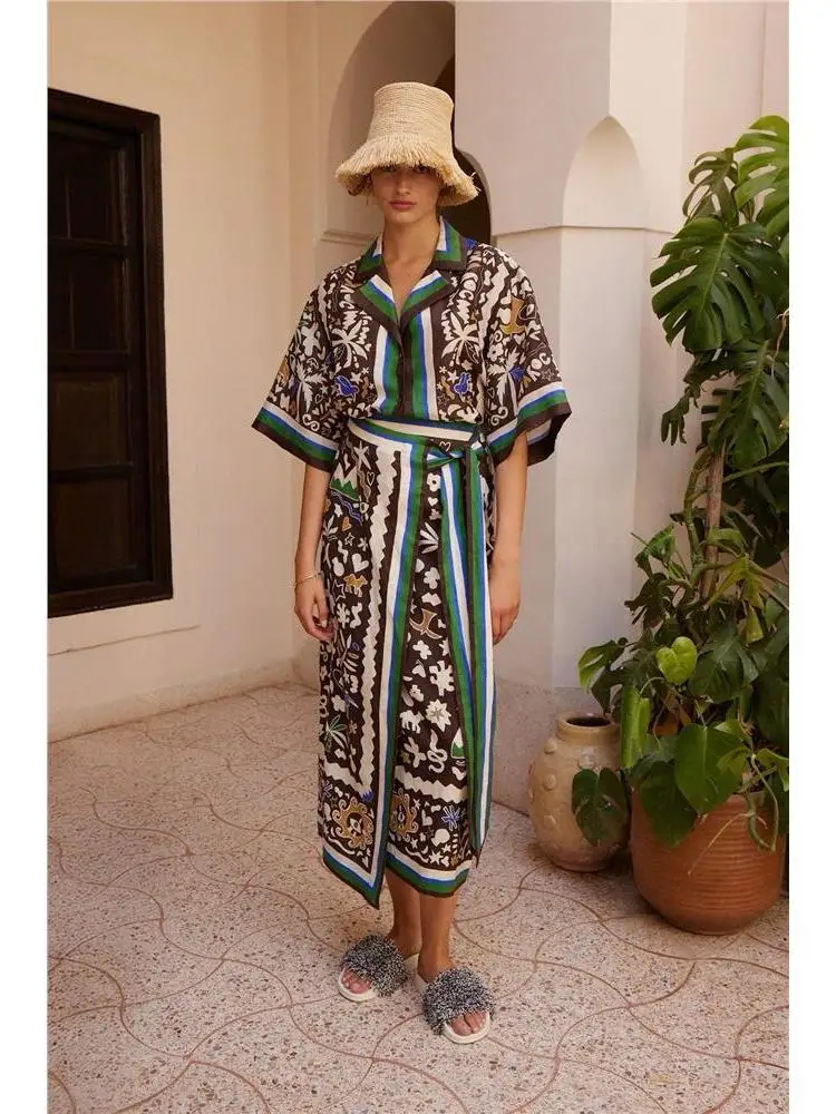 Casual Linen Print Short Sleeve Shirt Half Skirt Set New Holiday Versatile Two Piece Set Women's Fashion Ensemble Summer Wear