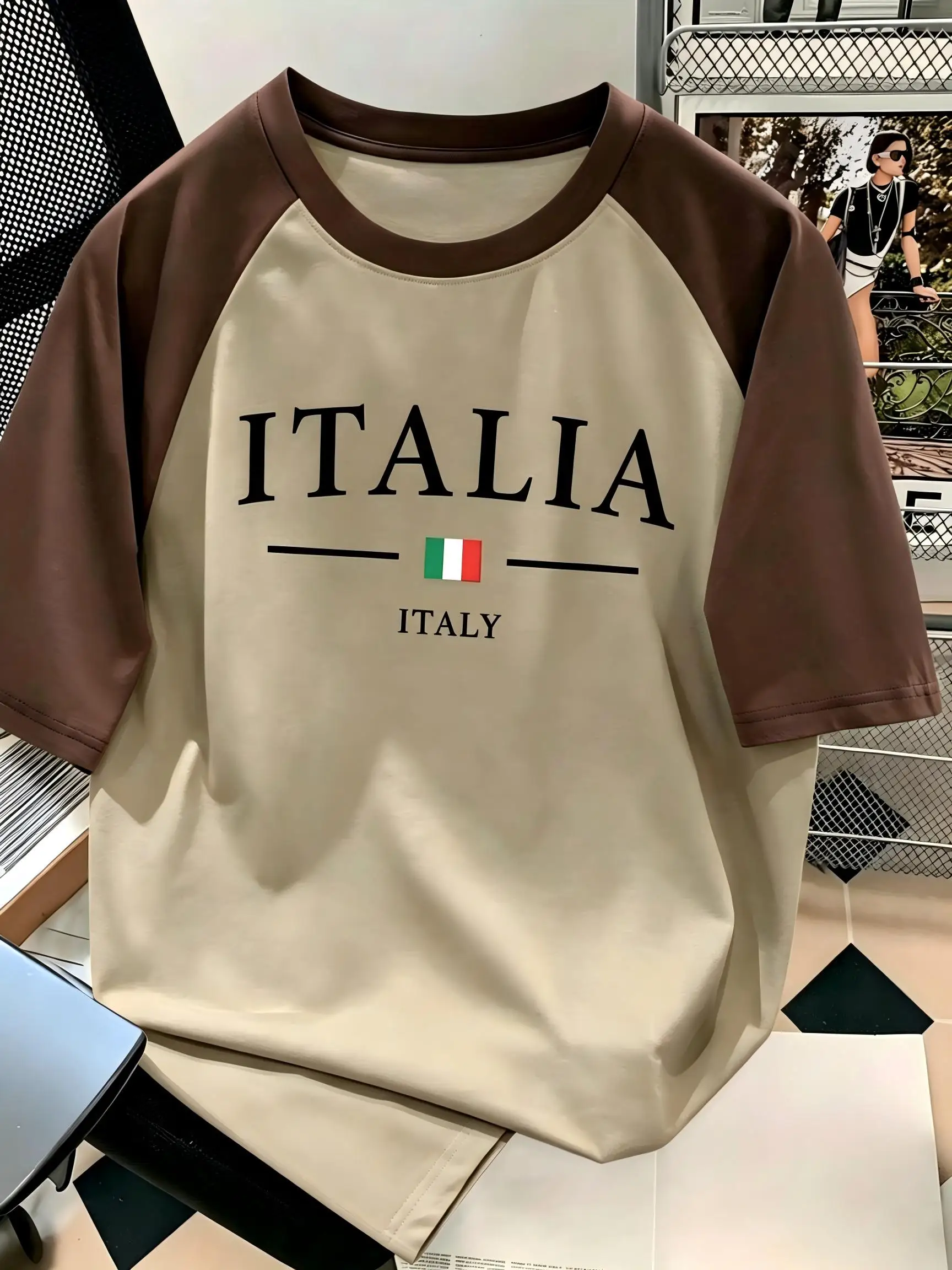 American Men's Summer Fashion Italian Patchwork Letter Print Soft and Breathable Round Neck T-Shirt Outdoor Street Top