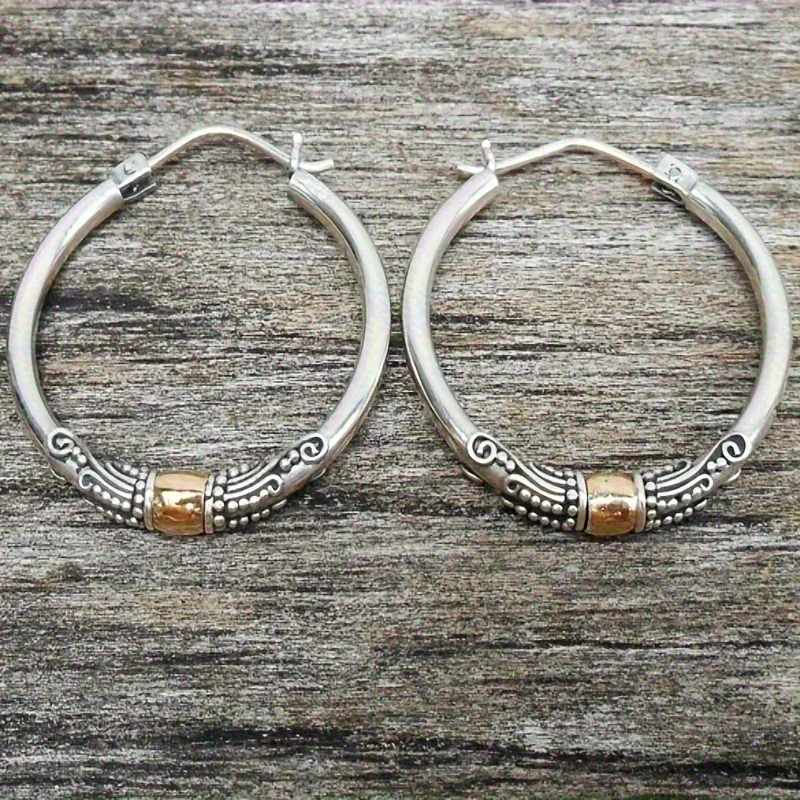 Two Tone Silver Gold Balinese Hoop Earrings, Vintage Tribal Engraved Leverback Hoops, Antique Mixed Metal Ethnic Circle Earrings Women Daily Jewelry Gift