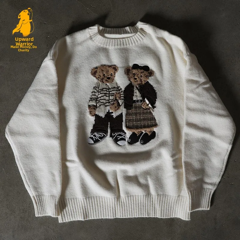 Vintage Cartoon Bear Knitted round Neck Sweater Women Loose Fit Casual Wear Daily Use Thickened Long Sleeve Top