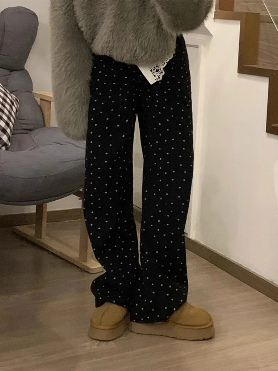 

Retro Floral Polka Dot Straight Leg Denim Jeans Women's plus Size High Waist Bla Slimming Loose Wide Leg Long Trousers