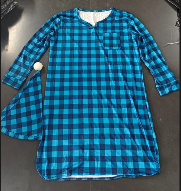 Blue plaid nightgown + hat