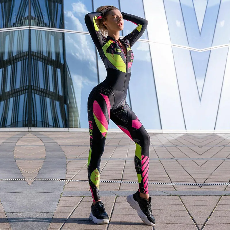 Uoozee 2023 New Fashion Contrast Color Zipper Long Sleeve Tight Jumpsuit One Piece Outfits Yoga Gym Skinny Sportswear For Women