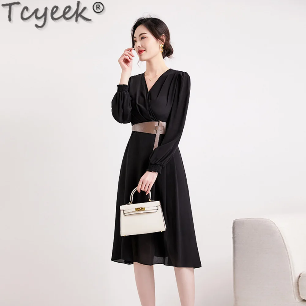 

100% Tcyeek Real Silk 2024 Women's Long Sleeve Elegant es for Women Black Midi Dress Belt Vestidos Mujer