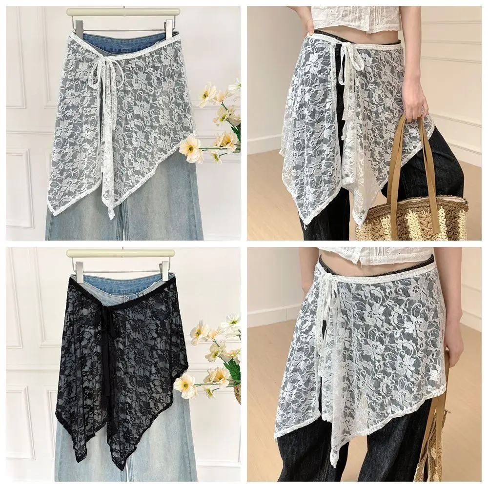 

Embroidered Flower Lace Mini Skirt See Through Y2K Streetwear Ruched Skirts High Waist Irregular Lace Up Ruffles Skirt