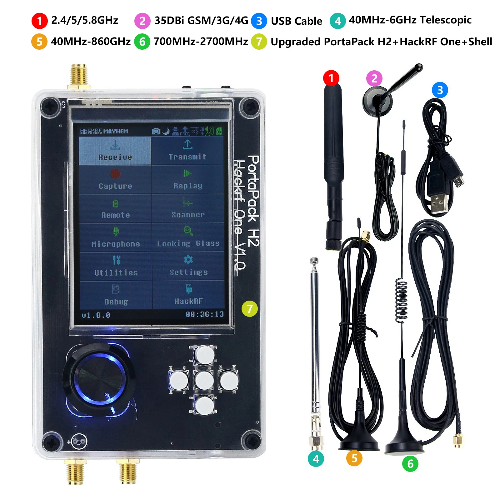 

Wishcolor HackRF One R9 V2.0.0 + Upgraded PortaPack H2 3.2" LCD + Shell Assembled + 2 Antennas + USB Cable（Antenna kit optional）