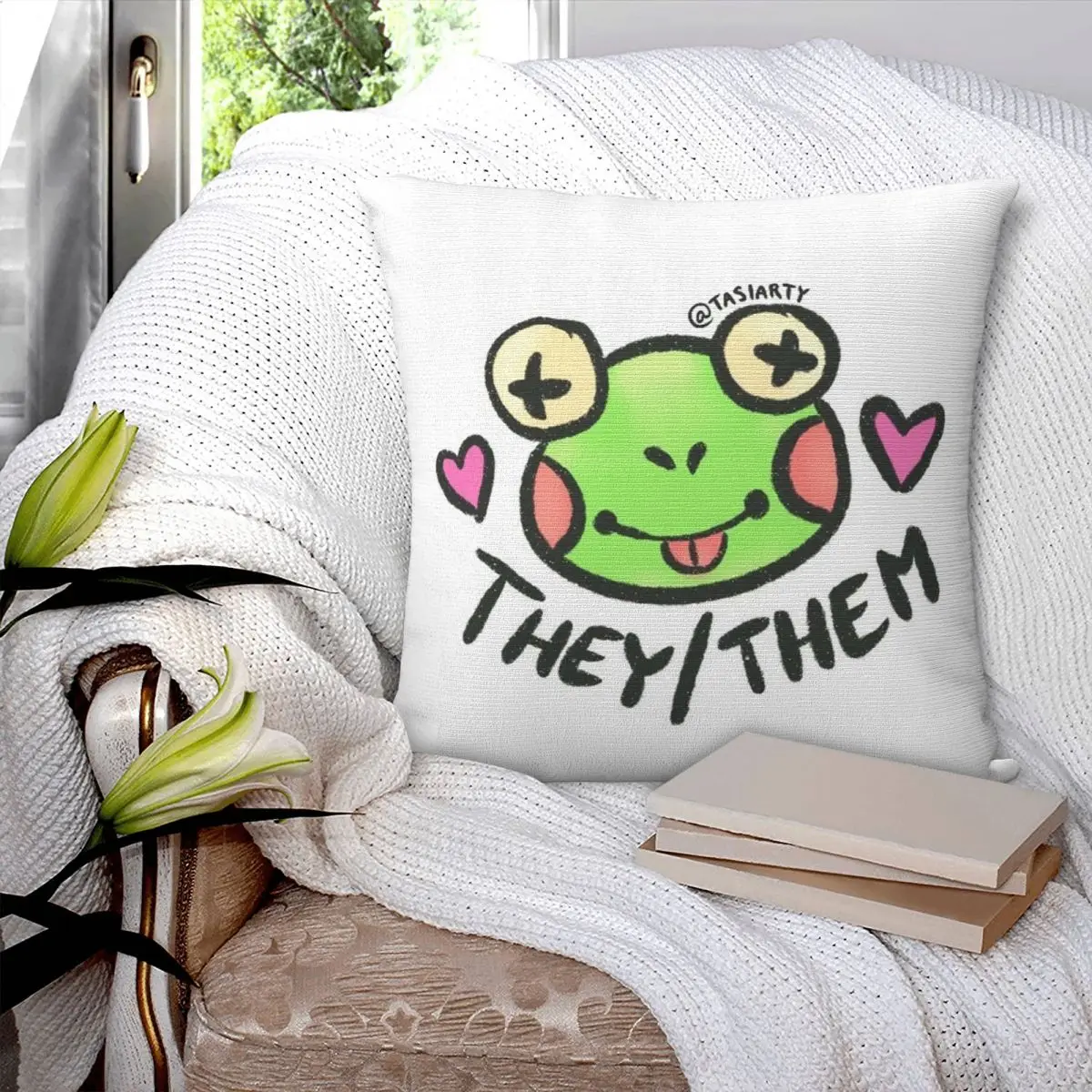 Frog Pronoun They Them Square Pillowcase Pillow Cover Polyester Cushion Zip Decorative Comfort Throw Pillow for Home Sofa