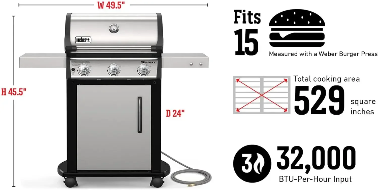 Gas Grill Spirit S-315 NG Stainless Steel Porcelain-Enameled Grates Durable Even Heating for Outdoor Cooking