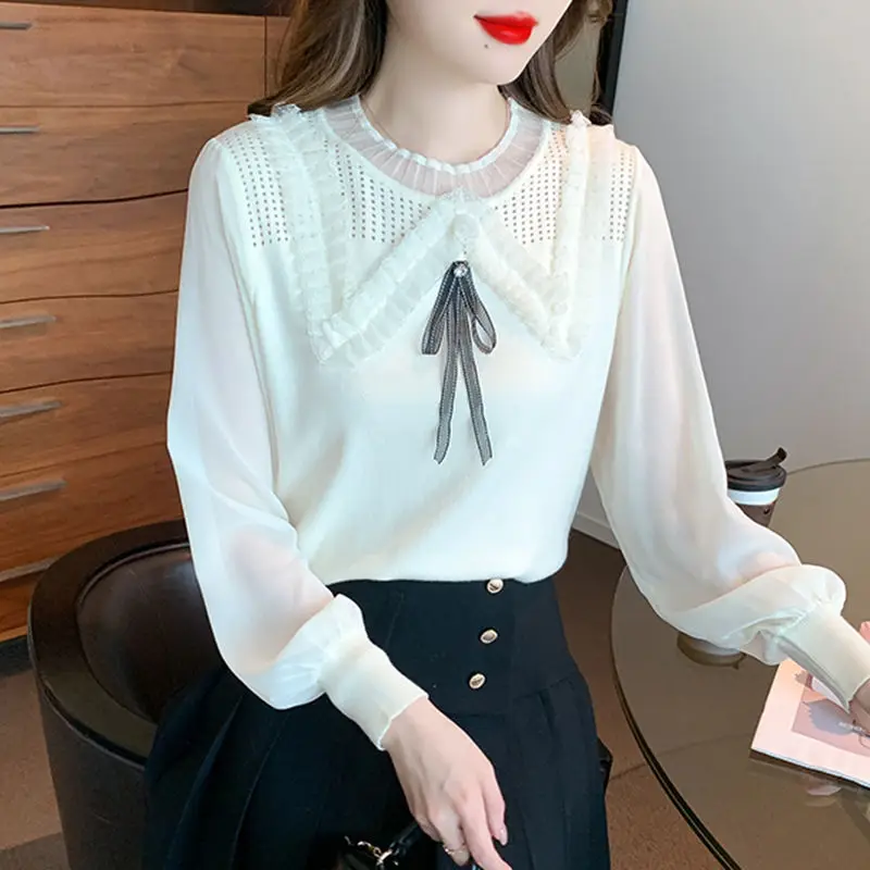 Fashion O-Neck Gauze Spliced Lace Ruffles Hollow Out Bow Blouses Female Clothing 2024 Spring New Loose Korean Tops Sweet Shirts