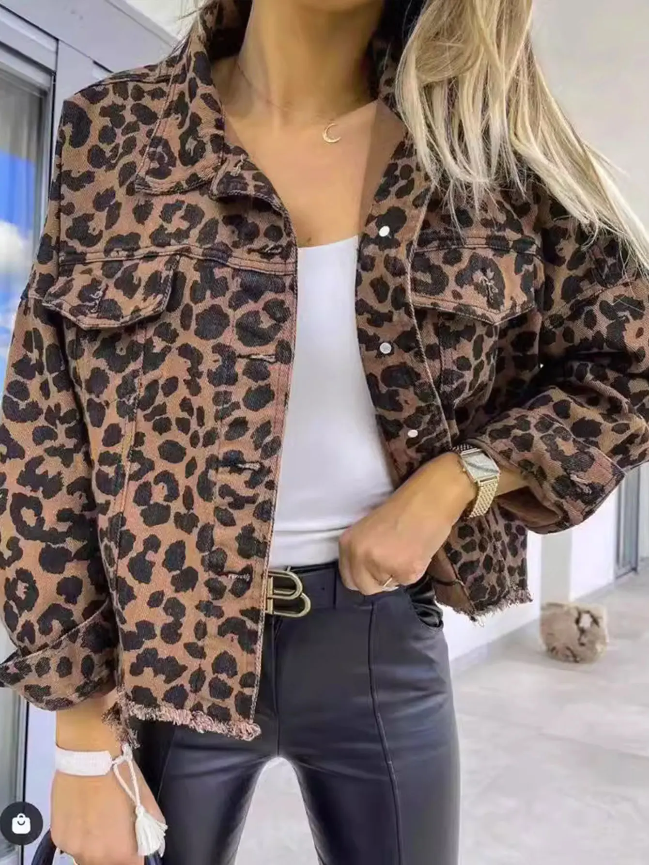 

Autumn Jackets 2025 Women's Chic Leopard Print Long Sleeve Lapel Button Through Hand Frayed Basics Jackets