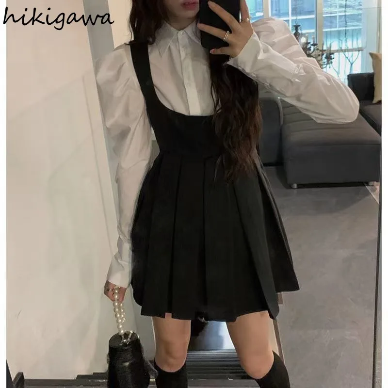 Womens Two Peice Sets Vintage Puff Sleeve White Blouse Shirts Slim Waist Sling Pleated Dress Suit Preppy Style Chic Sweet Set