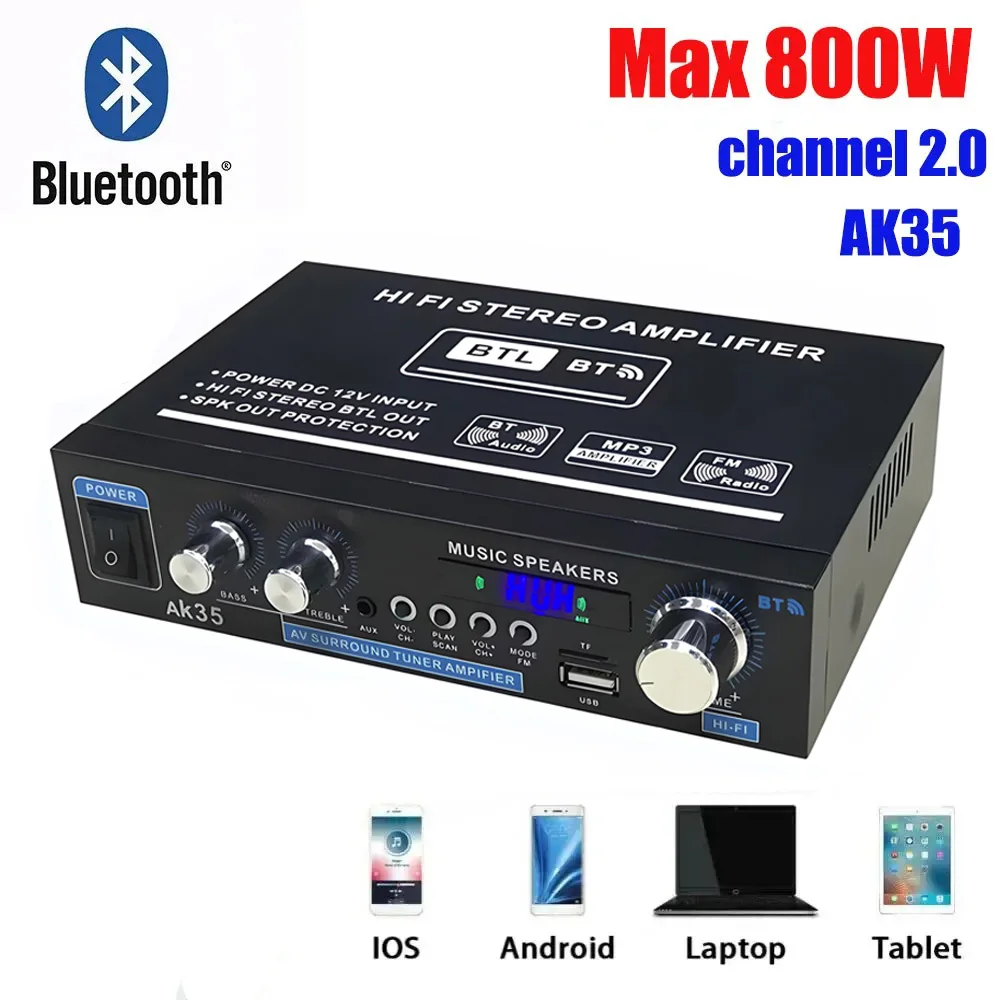 HiFi Digital AK35 Bluetooth Amplifiers MP3 Channel 2.0 Sound AMP Support 110V-240V for Home Car FM USB Remote Control