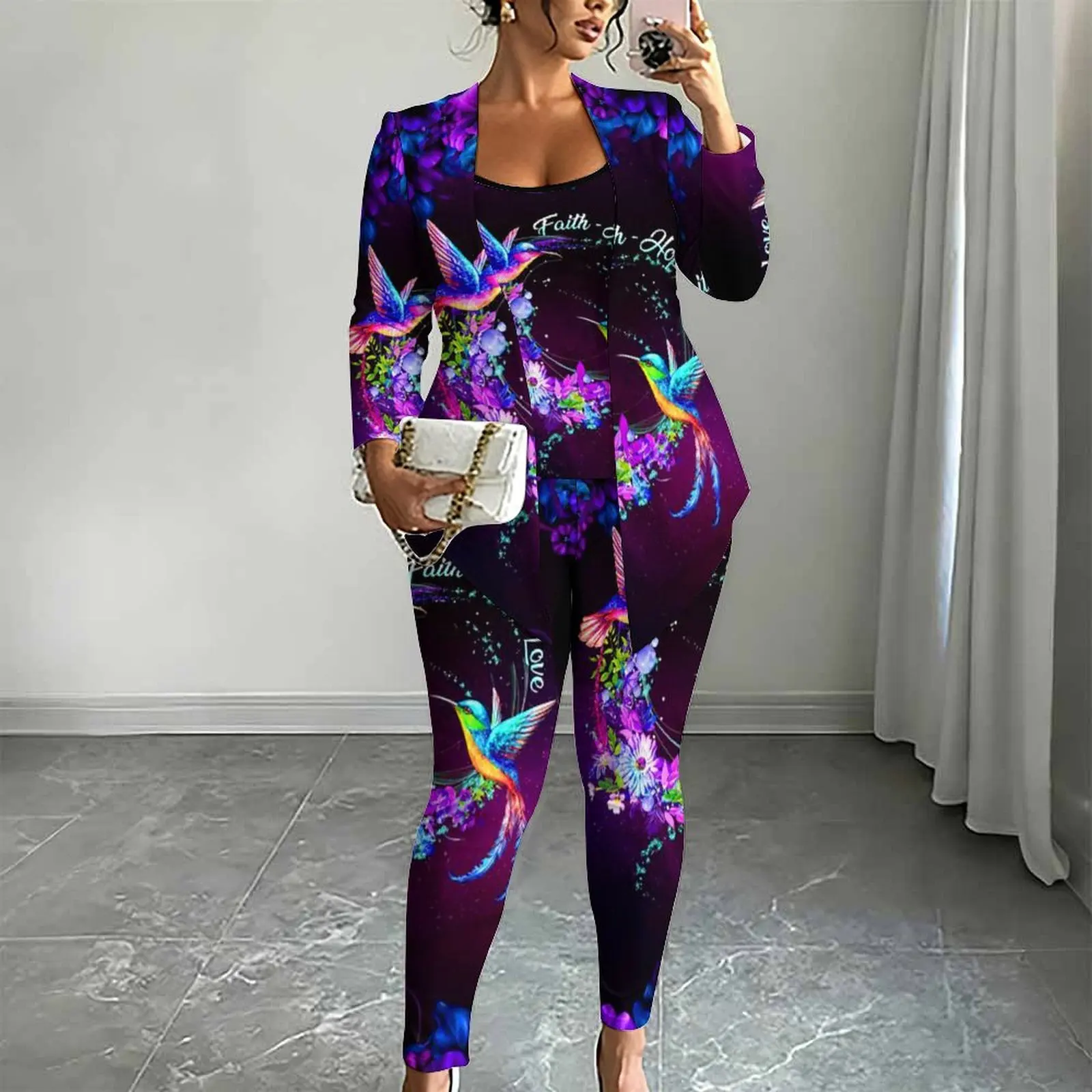 Autumn Women's Printed Coat Sexy Vest Fashion Three Piece Set Winter Elegant Tight Pants Daily Street Casua Set