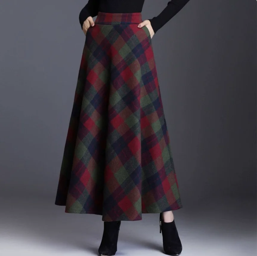 1pcs/lot korean style woman long wool blend plaid skirt female autumn winter long plaid skirt