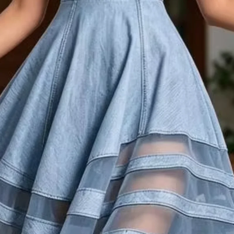 

Spring Fashion Dress Modern Denim Outfit Mesh Patchwork Short Sleeve A-line Swing Dress Summer Travel Vacation Long Dress