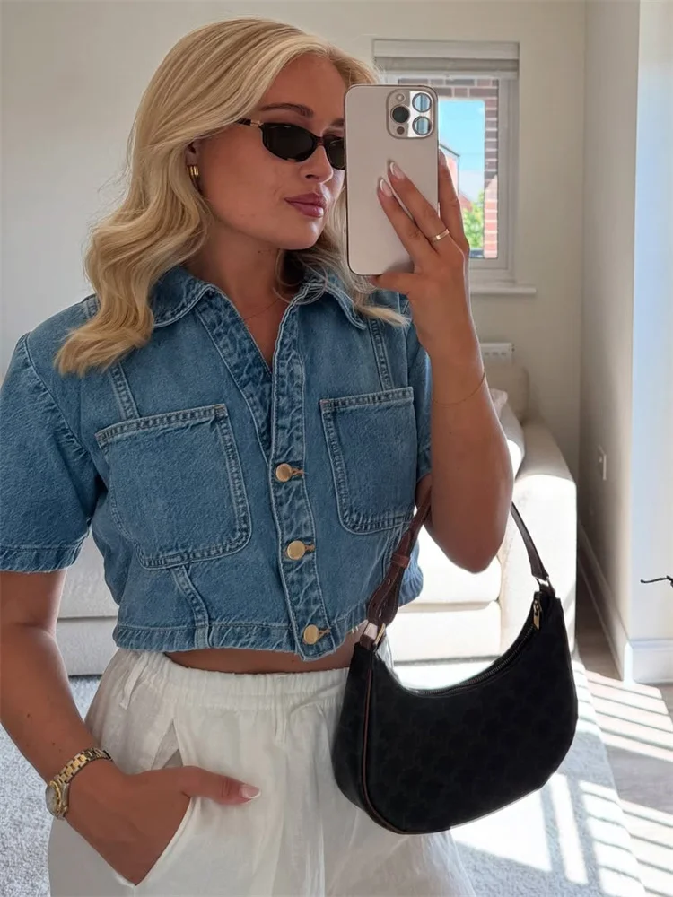 Tossy Fashion Lapel Denim Shirts Tank Top For Women Pocket Patchwork Short Sleeve Jean Streetwear Female Cropped Y2k Top Shirt - Image 2