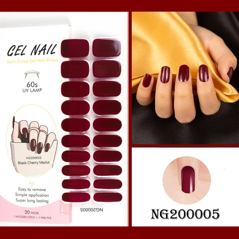 Francês Gel Unhas Patch Tiras, Impermeável, Longa Duração, Adesivos, Imprensa sobre Unhas, Necessidade de Lâmpada UV, Semi-Cuttable, 20 Dicas