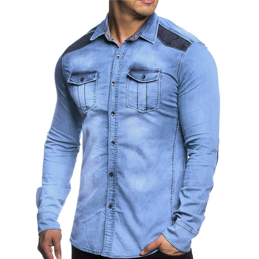 

Mens Casual Slim Fit Shirt Jeans Long Sleeve Chest Pocket Snap Button Down Tops Vintage Denims Shirts Spring Autumn Clothing