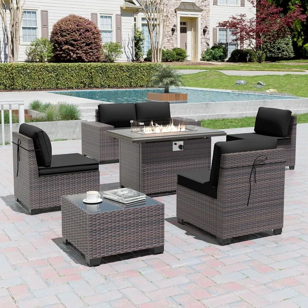 

7-Piece Outdoor Patio Furniture Set with 43 Gas Fire Pit Table, PE Rattan Wicker Sofa Set with Cushions and Waterproof Covers fo