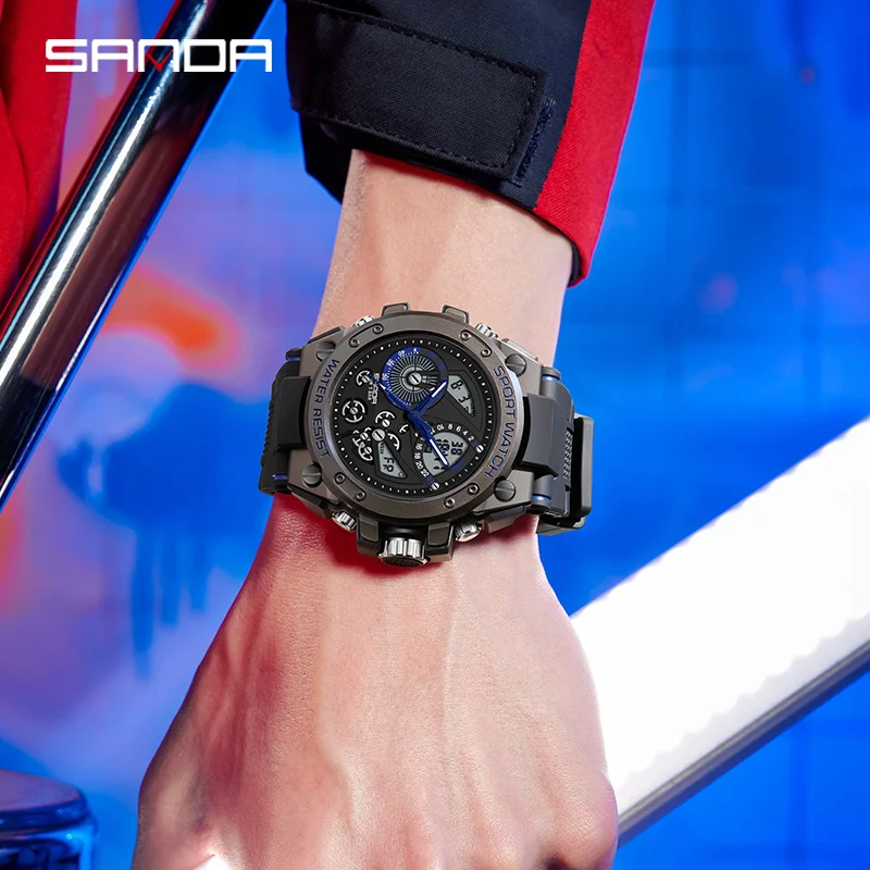 Sanda ساعة رجالي ساعة كهربائية متعددة الوظائف موضة الاتجاه في الهواء الطلق مضيئة ساعة تنبيه مقاوم للماء للصدمات ساعة رجالية 9020