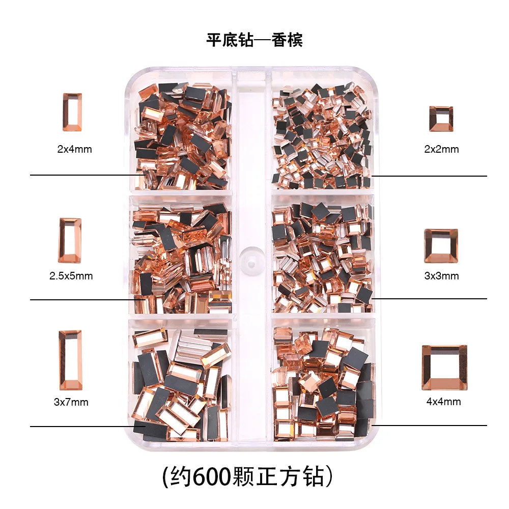 600/1000/1728PCS Glitter Flatback Round Diamonds Mirror Square Rectangle Jewelry Acrylic Nail Art Rhinestones Manicure Charms
