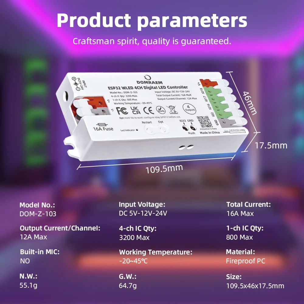 DOMRAEM ESP32 4-Kanal WLED-Controller mit 16A Sicherung & Level Shifter, Sound-Sync-kompatibel mit WS281x Digital RGB IC LED-Streifen – Detail 4