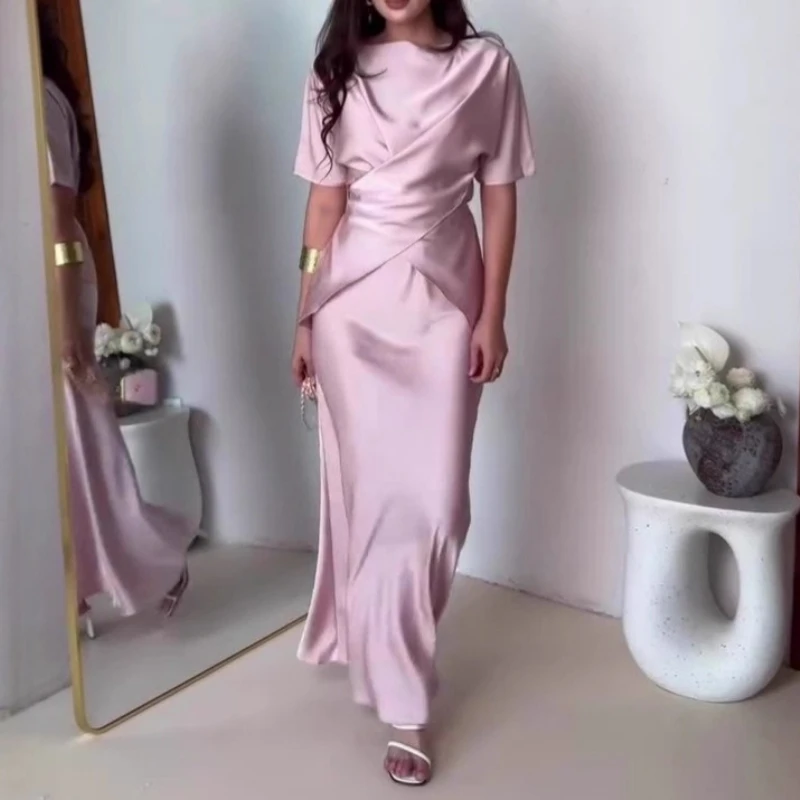 Primavera verão cetim vestido longo terno branco elegante tripulação pescoço cruz tie-up topo & bodycon saia conjunto 2 peça chique sólido mulher outfit