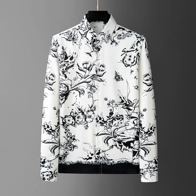 Brand Men's Floral Printed Long Sleeved Shirt Fashion Versatile Slim Fit Casual Business Shirt Social Banquet Party Men Clothing