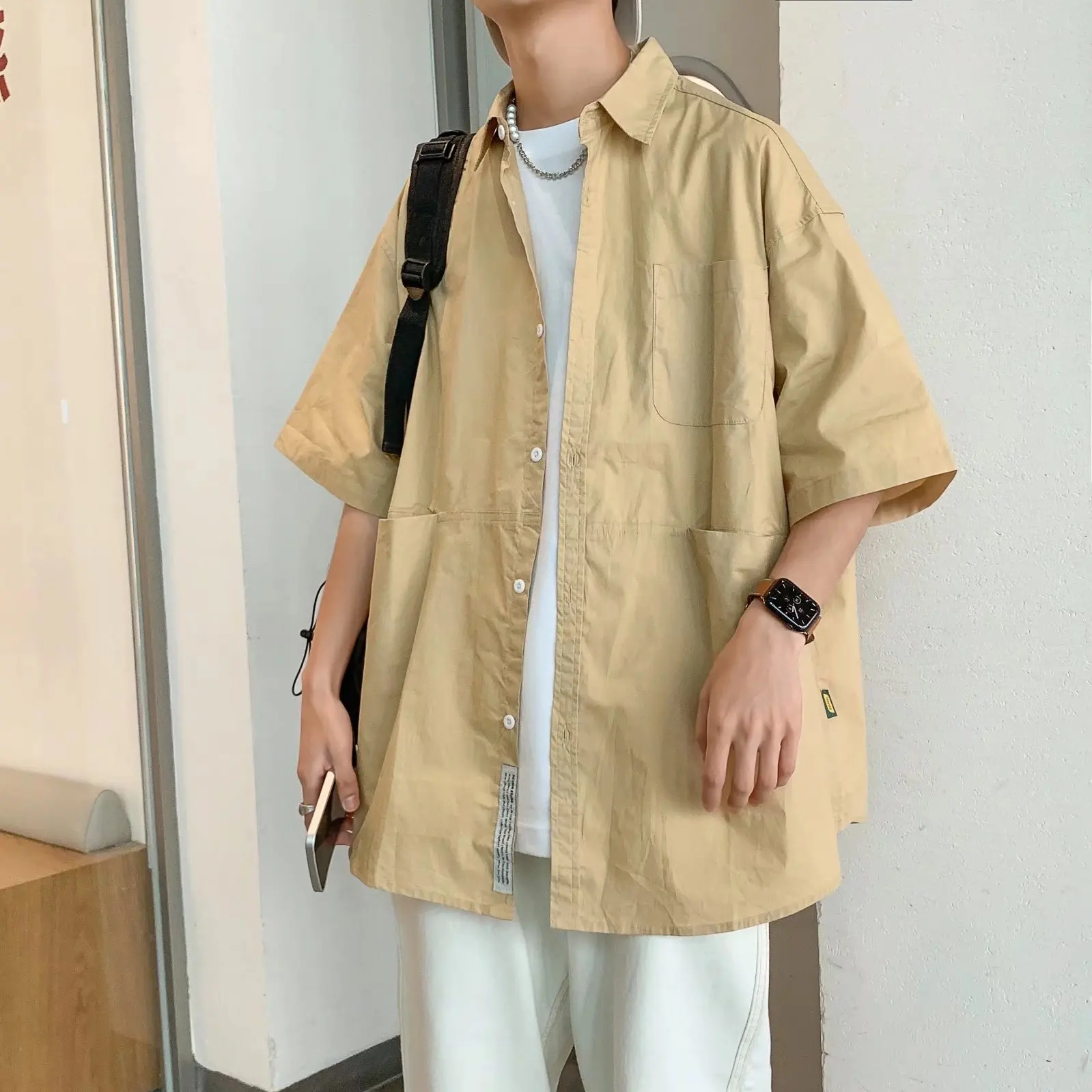 Retro Cityboy Men's Short Sleeve Casual Shirt Summer Lightweight Half Sleeve Fashion Workwear Outerwear Pure Color Point Collar